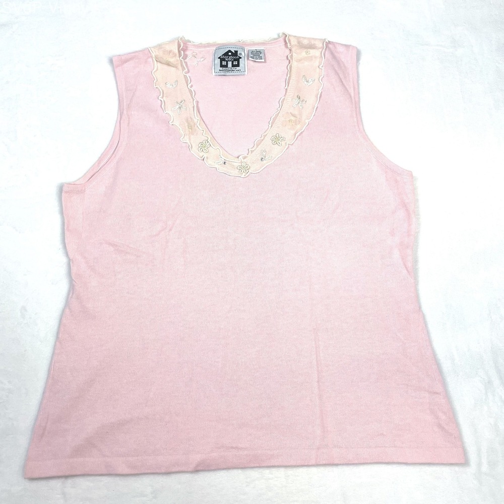 VTG Storybook Knits Pastel Pink Cotton Ramie Lace Embroidered Cottage Tank L